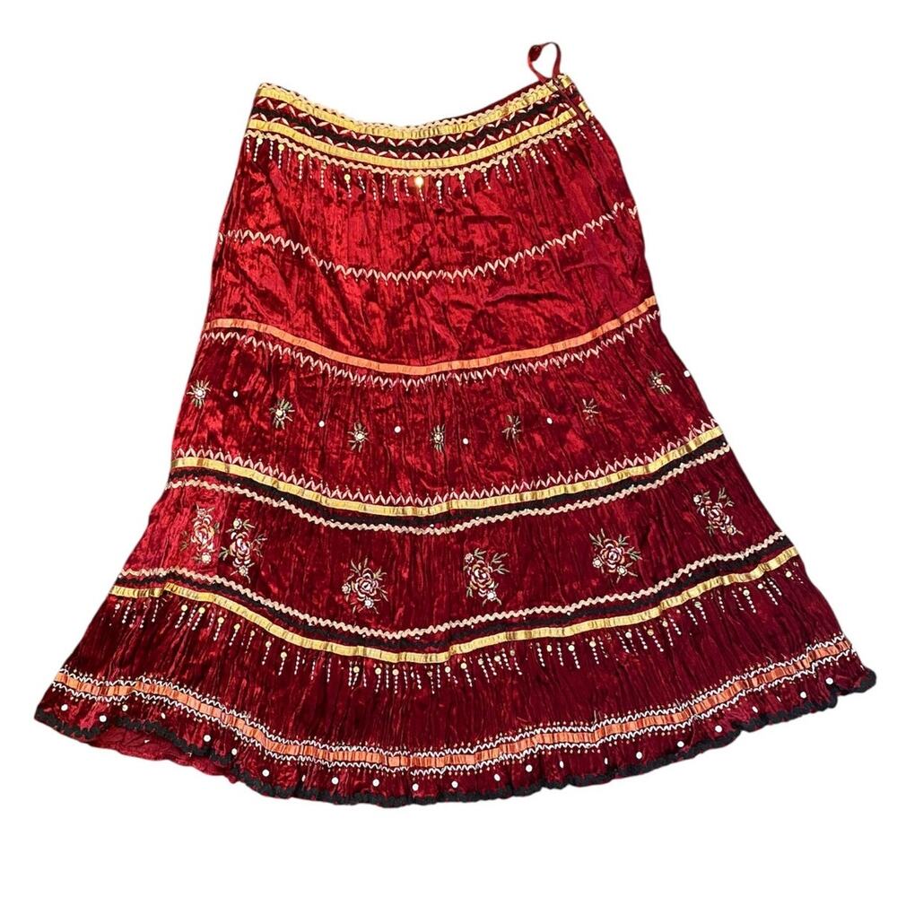 Chaudry KC Boho Red Tiered Sequin Floral Embroidered Velvet Midi Skirt- Sz Large